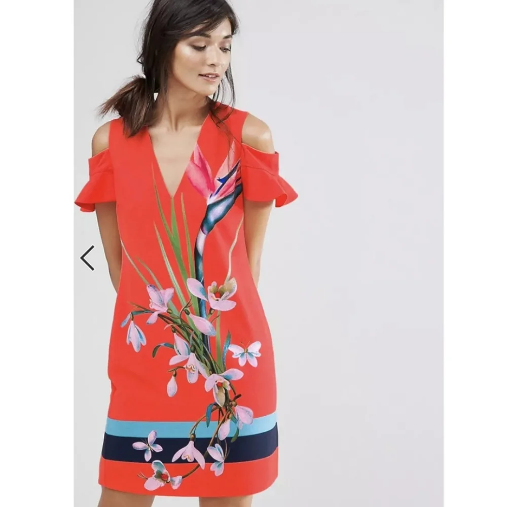Ted Baker Red Floral Cold Shoulder Mini Dress